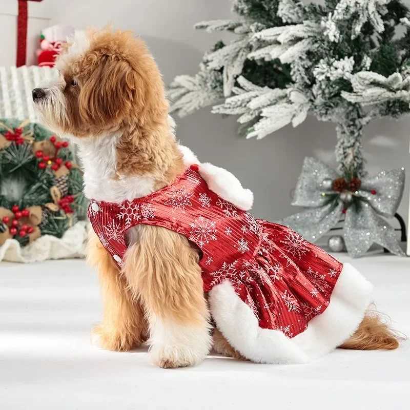 Christmas Dog Dress Snowflake Princess Skirt Winter Warm Plush Bowknot Sleeveless Clothes New Year Party Puppy Costume Dress Up M251208