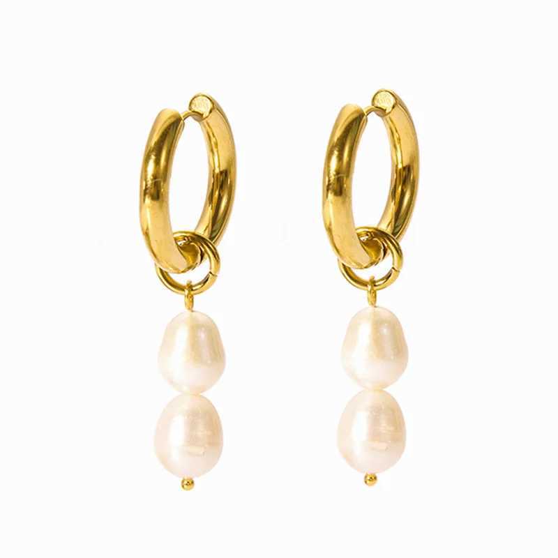 Pearl Drop Earrings For Women Gold Color Stainless Steel Freshwater Pearl Hoop Ear Accessory J251208