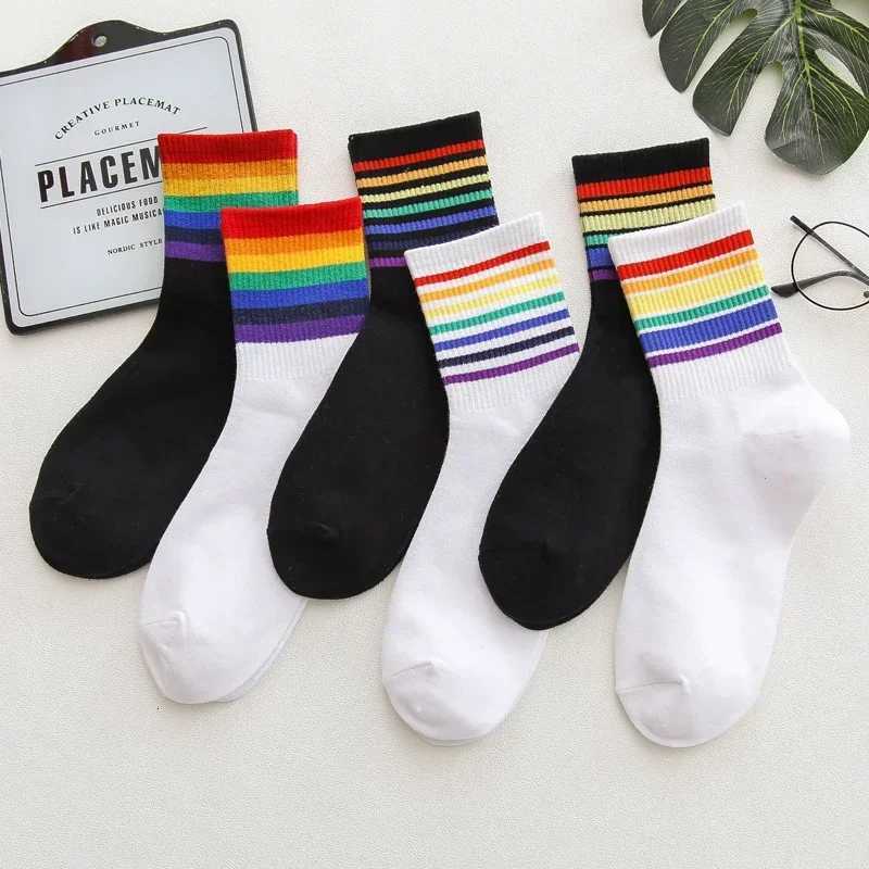 Unisex Stripes Mid Men Socks Women Girls Harajuku Colorful Funny Socks Men Cotton Rainbow ColorT251209
