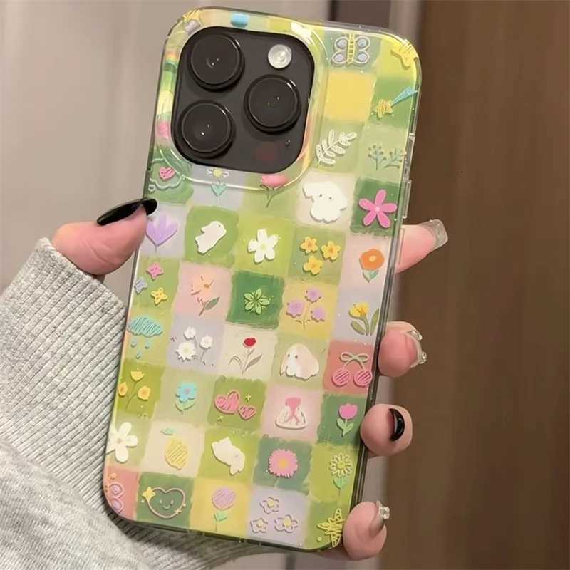 IND green grass grid pattern broken flower rabbit phone case with chain for iPhone 11 12 13 14 15 16 17 Pro Max C251209