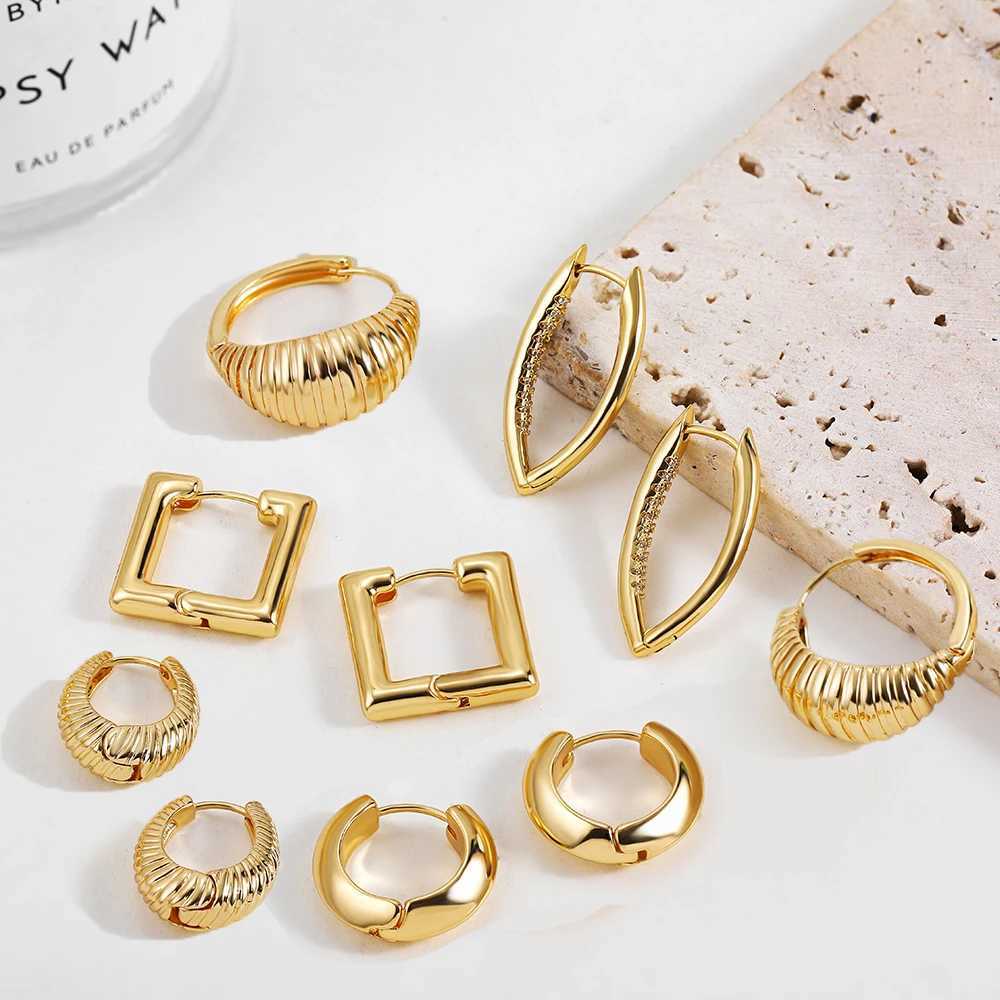 Creative Design Smooth Square Round Chunky Hoop Earrings for Women Gold plated Thread Texture Ear Piercing Huggie Hoops Gift K251209 H260129