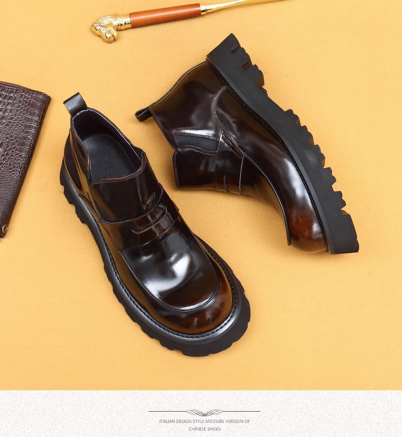 Men's High-Top Leather Boots Bright Leather Surface Large Size round Toe Handmade Stitching British Fashion Quality