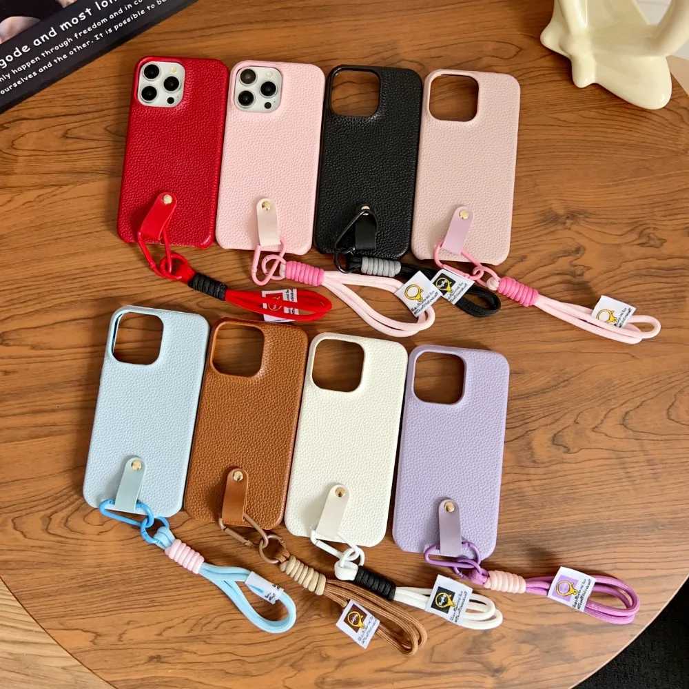 Luxury Lichee Pattern Leather Case For iPhone 16e 15 14 Plus 11 12 13 Pro Max With Wristband Lanyard Silicone Shockproof Cover C251209