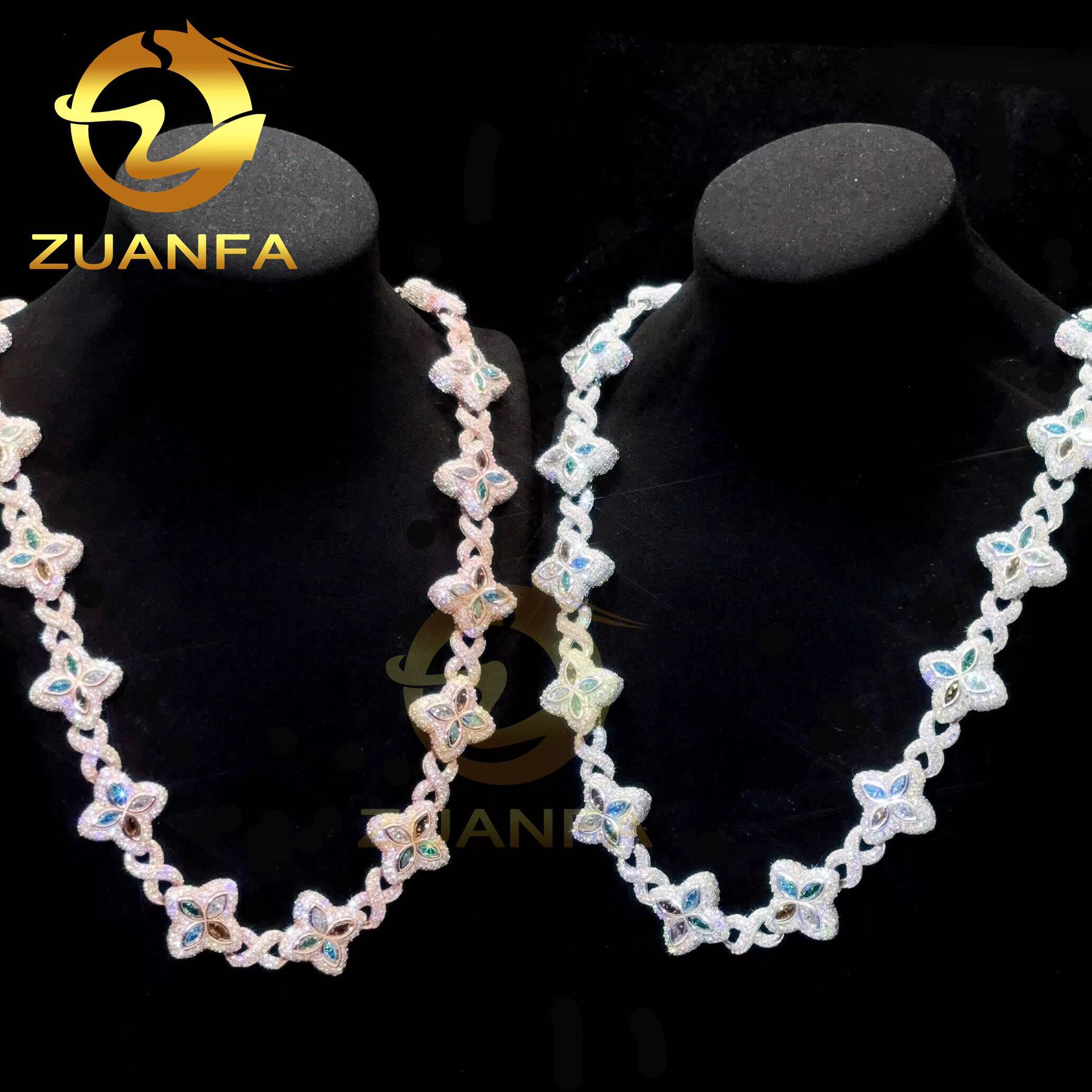 Luxury Color Moissanite Hip Hop Jewelry Marquise Natural Diamond Cuban Link Chain 925 Silver Iced Out Cuban Bracelet Necklace
