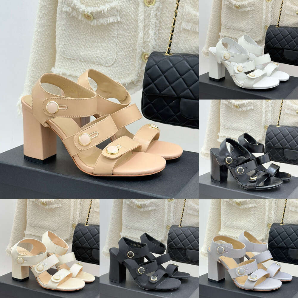 26 new Luxury fashion chunky Heel sandal dress Ladie party wedding office shoe Designer shoe woman womens Metal Buckle Open Toed slingback leather Sandals Summer