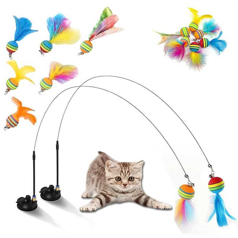 Interactive Cat Toys Kit Feather Toys with 1 Wands 1 Suction Cups Replacement Feather Heads for Indoor Outdoor Play M251209