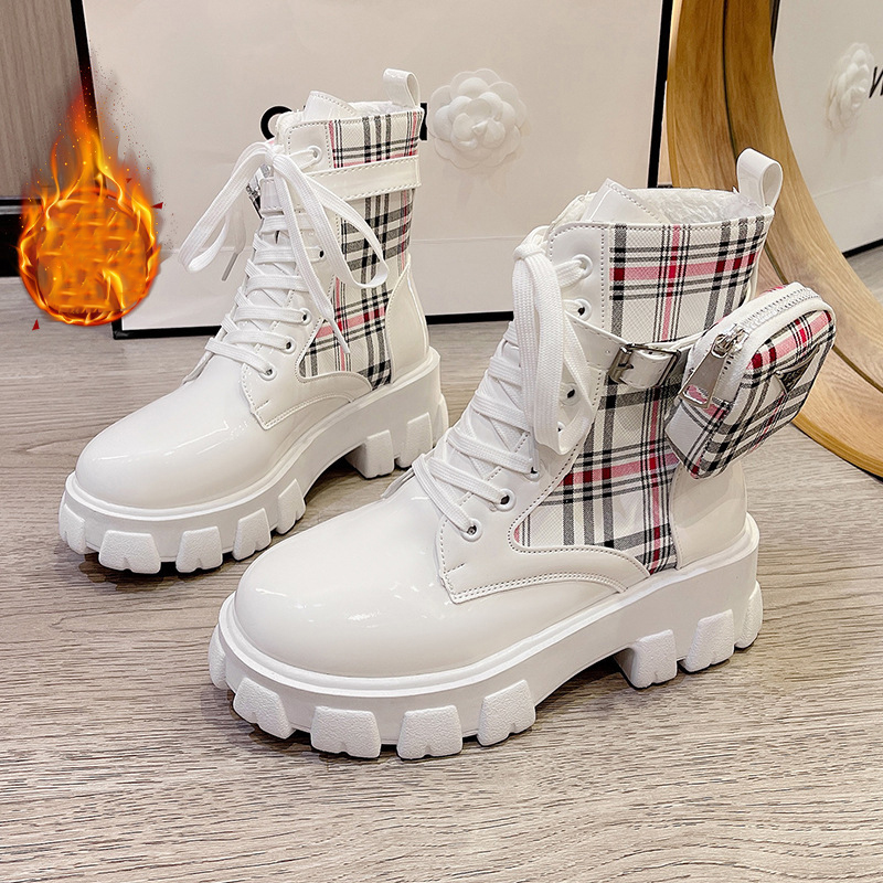 Designer shoes 2025 new classic checkered printed Martin boots thick soled lace up fashion boots for women black white pink