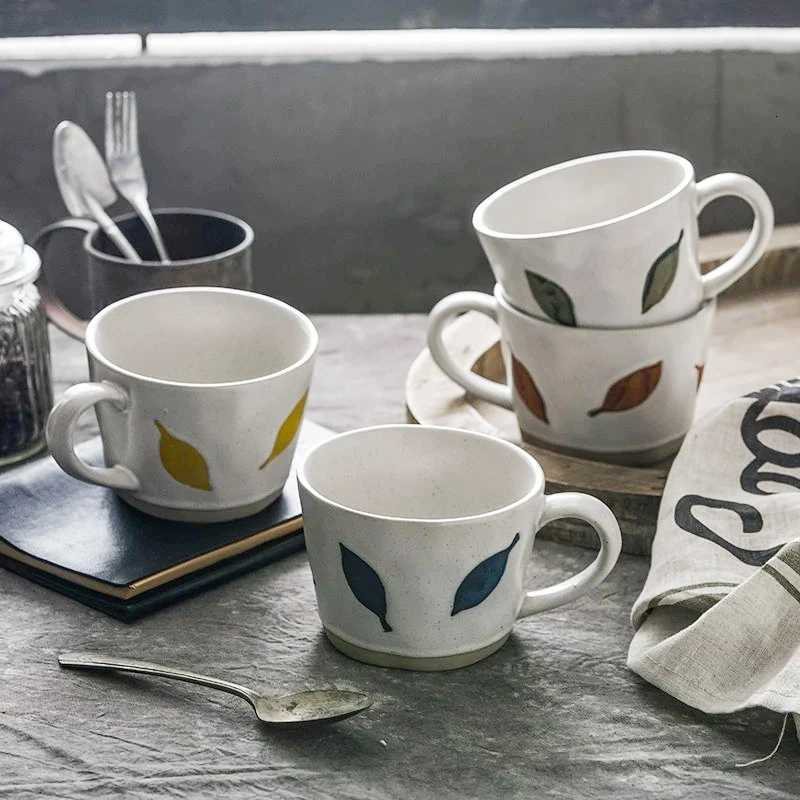 360ml Japanese Retro Ceramic g Heat-resistant Breakfast Milk Cup With Handle Leaf Pattern Coffee g Teacup Microwave Safe H251209