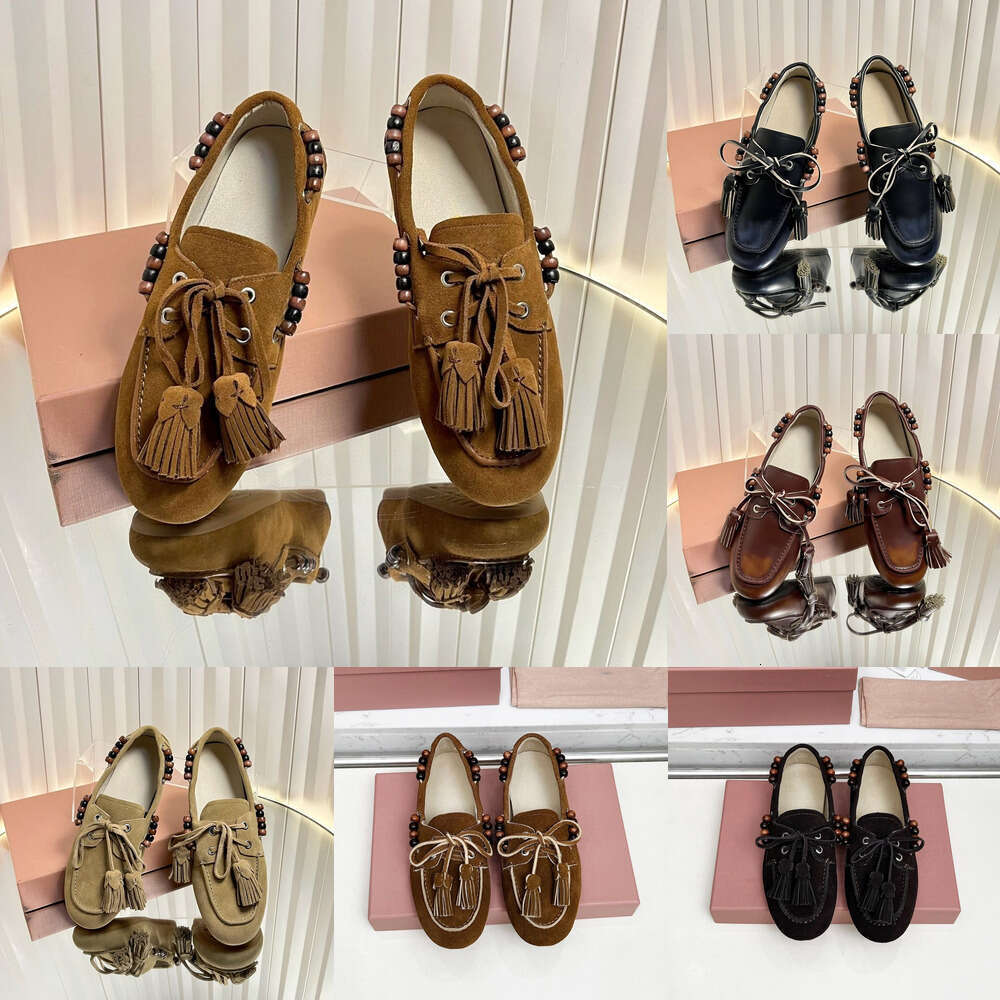 designer shoe women Luxury Suede leather beaded tassel Mocassini loafers slip on round toe flat Fashion ladies boat shoe Simple dress office Vacation casual shoes