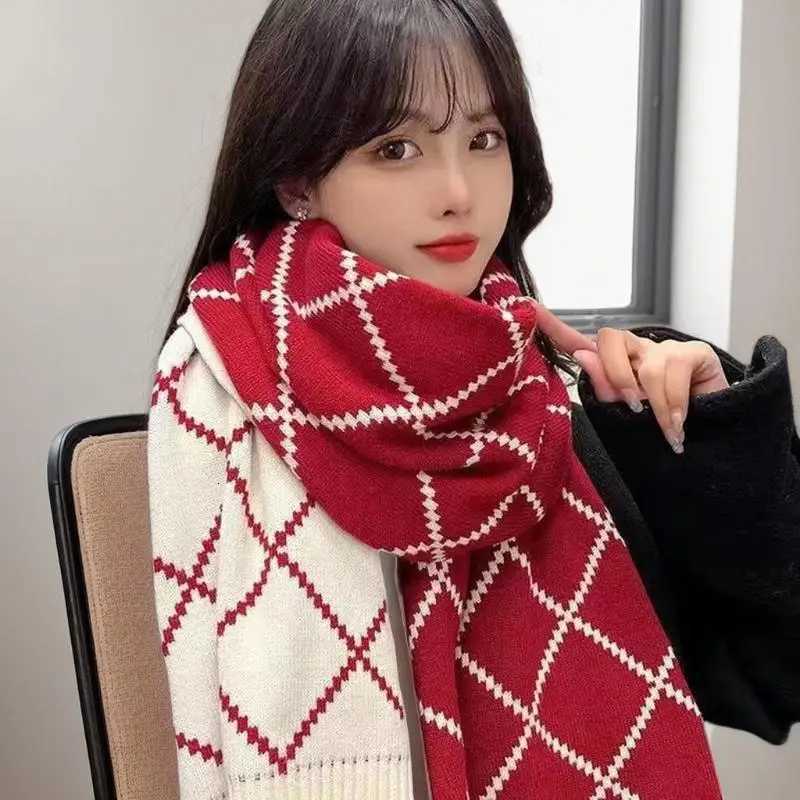 Luxury Womens Red Winter Scarf - Korean Style Plaid Knit Wool Neck Warmer Fashion Student Casual Warm Soft Wrap Mountaineering Scarf Y251208