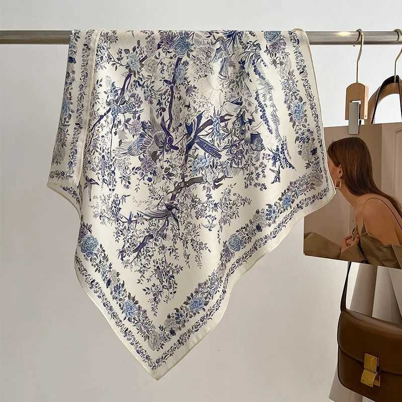 Luxury 70x70cm Simple Elegance Floral Bird Print Silk Scarf Lyric Velvet Korean Style Countryside Flower Warm Sunscreen Large Shawl Y251208