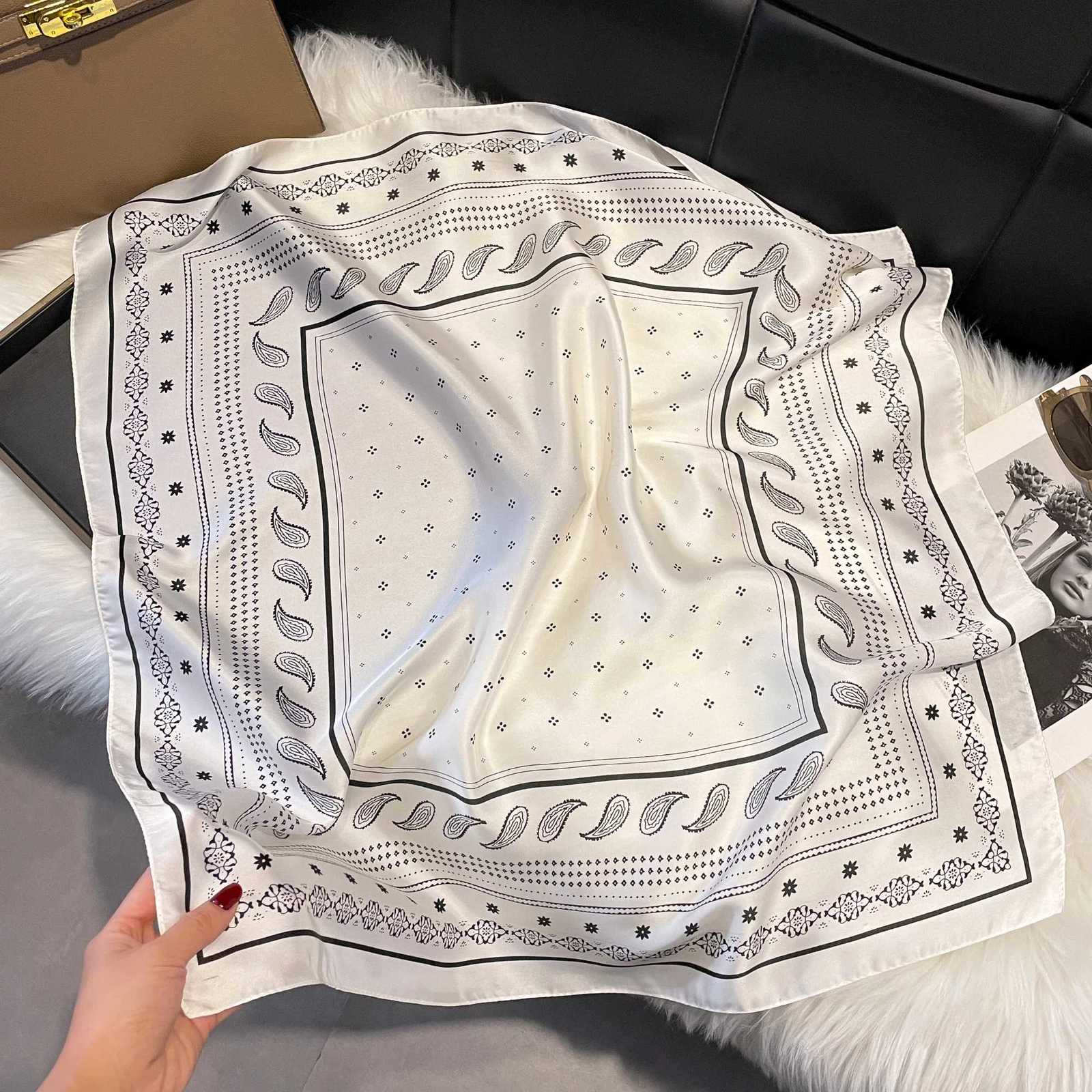 Luxury Luxury Fashion Print 7070cm Silk Square Scarf Women Soft Satin Hairband Neckerchief Tie Female Headband Foulard Bag Ribbon Y251208