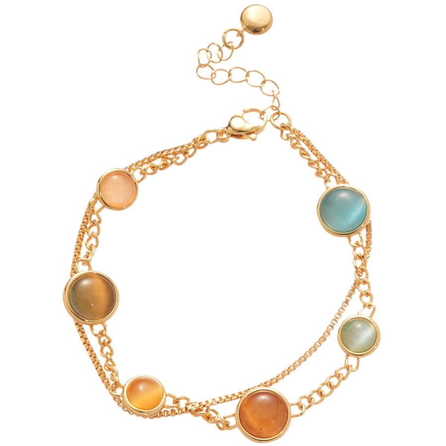 18K Real Gold Plated Cat's Eye Stone Round Double Layer Vintage Palace Style Bracelet Light Luxury High-end Feel Jewelry for Women - view 7