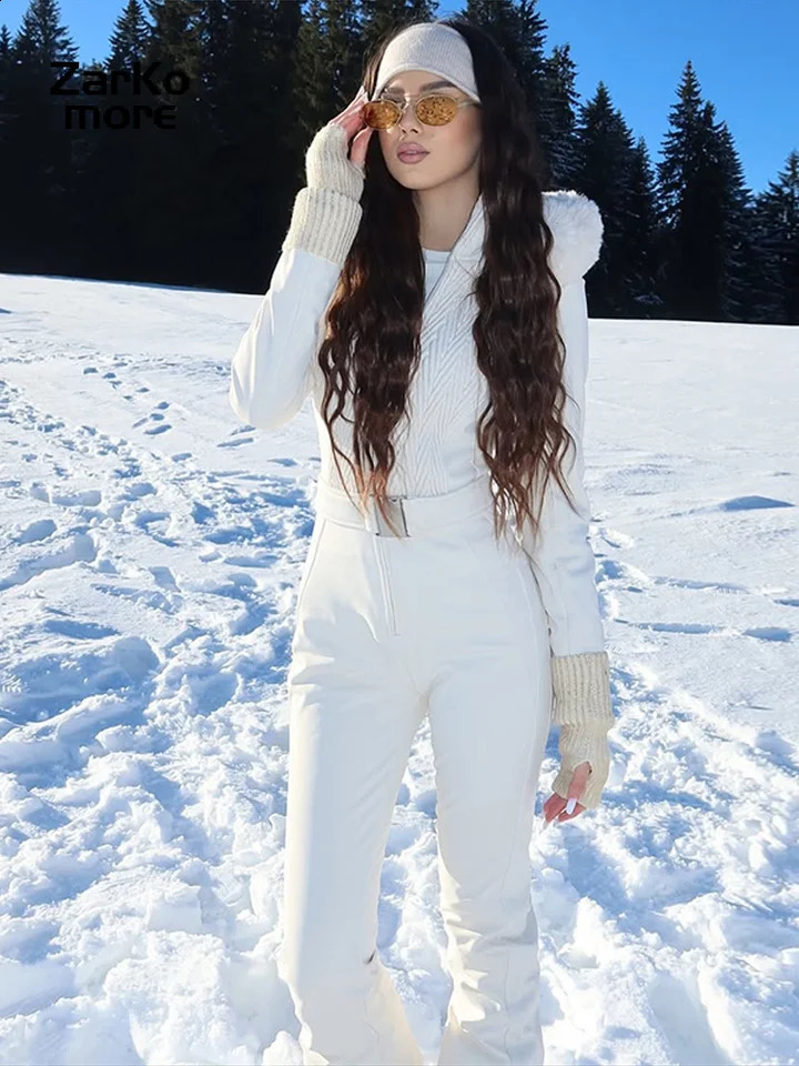 Fashion Hooded Skiwear Women Stand Neck Warm Zipper Slim Fit Solid Jumpsuit Winter Lady Casual Street Outfit 251205