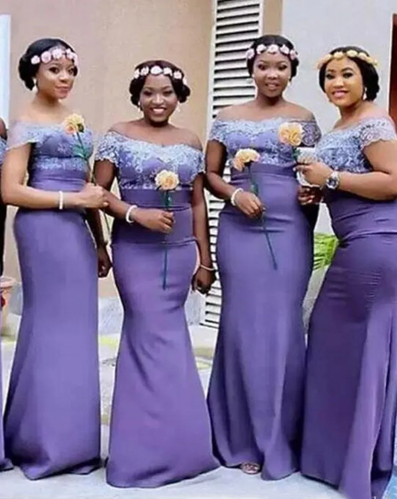 African Nigerian Style Lavender Purple Satin Mermaid Bridesmaid Dresses Long Off Shoulder Lace Maid Of Honor Gowns
