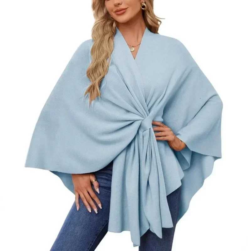 Luxury Knit Wrap Poncho with Self - Tie Belt Elegant Cozy Outerwear for Autumn Winter Fashion Outfits Y251208