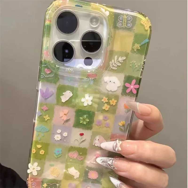 IND green grass grid pattern broken flower rabbit phone case with chain for iPhone 11 12 13 14 15 16 17 Pro Max C251209