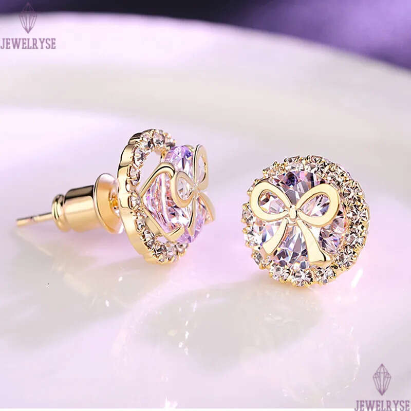 S925 silver needle lovely bowknot designer earrings stud for women 18k gold round cz zircon shine crystal cute bow knot earring ear rings jewelry