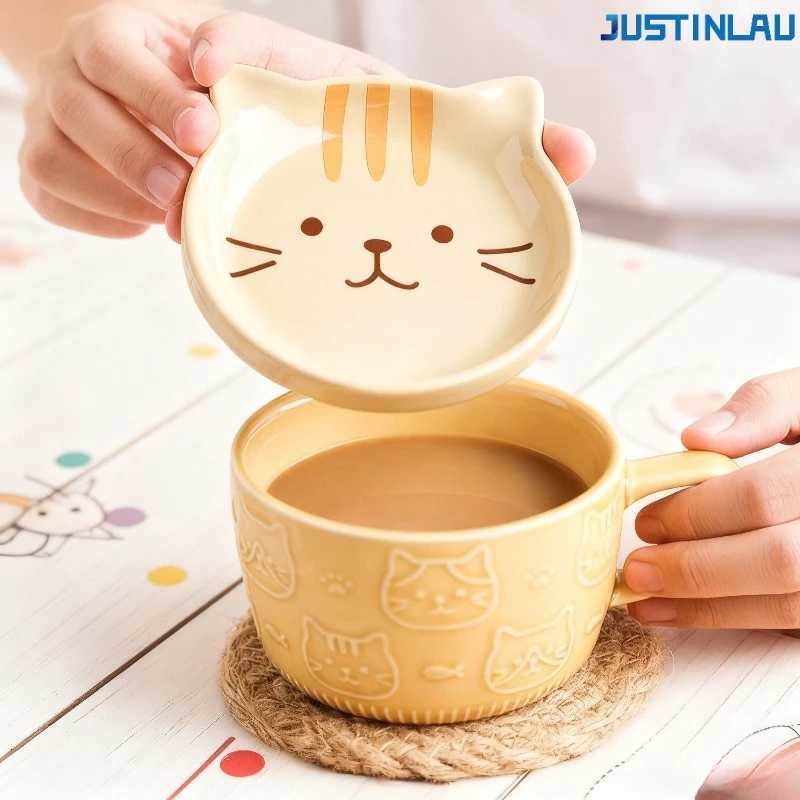Cute Cartoon Cat Ceramic g Lid Creative Household Tableware Breakfast Milk Cup Breakfast g Water Cup Ceramic g coffee cup H251209