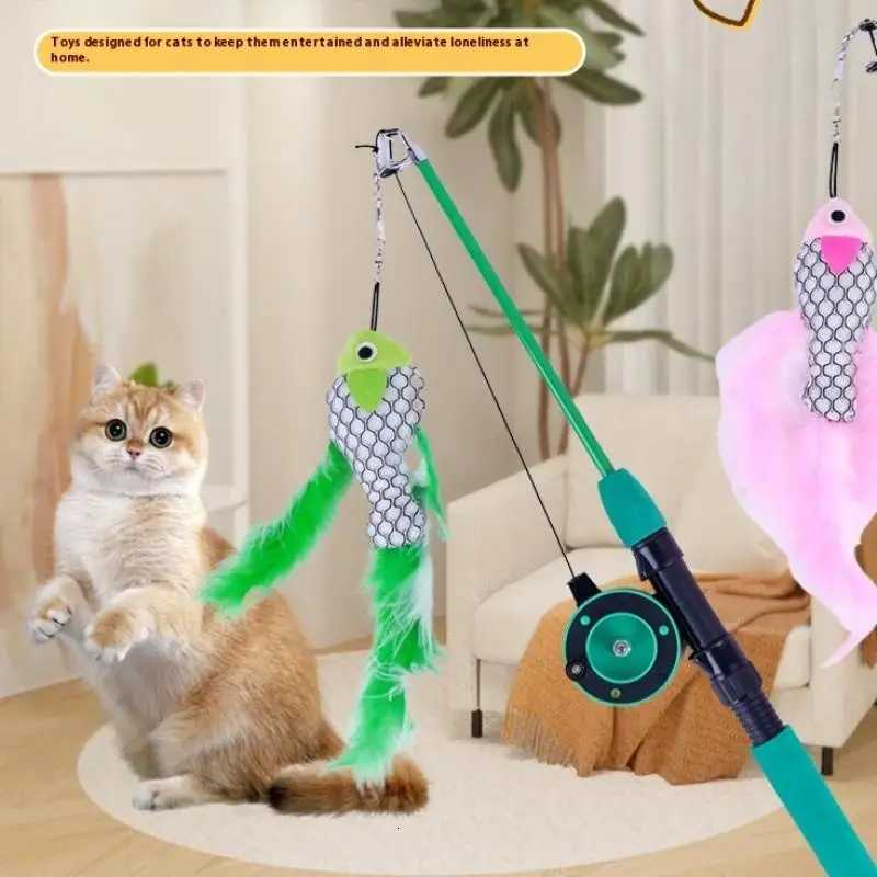 For Kitten Rods Simulation Fishing Rod 1Set Telescopic Cat Toy Fish Type Telescopic Feathers Funny Cat Stick Toys Pet Toy M251209
