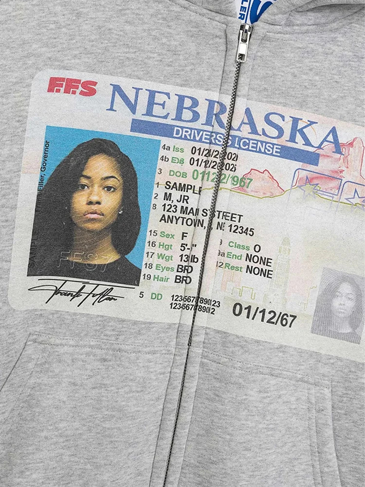 Winter Womens Retro Drivers License Print Zip-Up Hoodie Fashion Trendy Oversized Streetwear Casual Hooded Sweatshirt 2025 251209