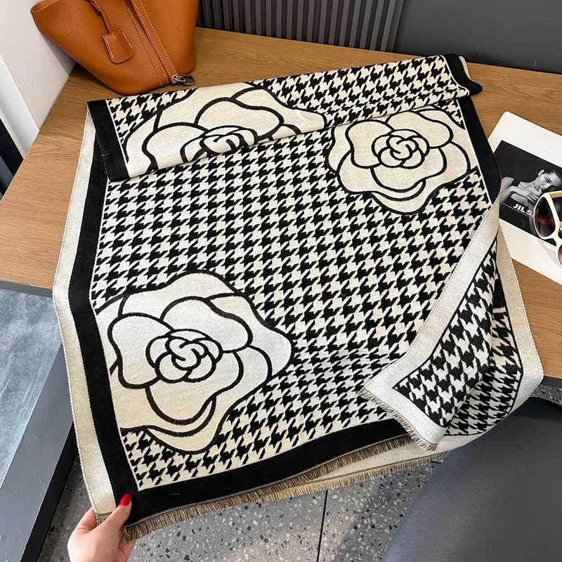 Luxury 2024 Fashion Houndstooth Rose Print Cashmere Women Two-sided Scarf Winter Warm Shawl and Wrap Bandana Pashmina Thick Blanket Y251208