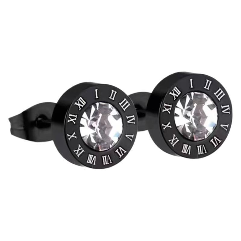 8MM Round Roman Numeral 316L Stainless Steel Shine Zircon Diamond Stud Earrings Black Gun Gold Plated Number Design For Women Men's Earrings Desi