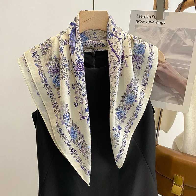 Luxury 70x70cm Simple Elegance Floral Bird Print Silk Scarf Lyric Velvet Korean Style Countryside Flower Warm Sunscreen Large Shawl Y251208