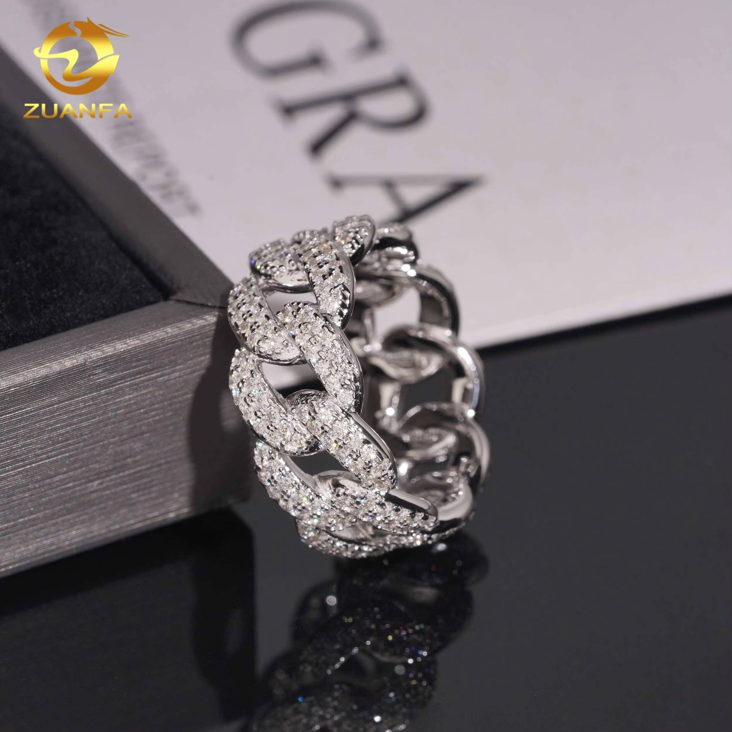 Ready to Ship Hip Hop Jewelry Moissanite Iced Out Ring 925 Sterling Silver Men Diamond Ring GRA Certified Moon Shape Cuban Ring