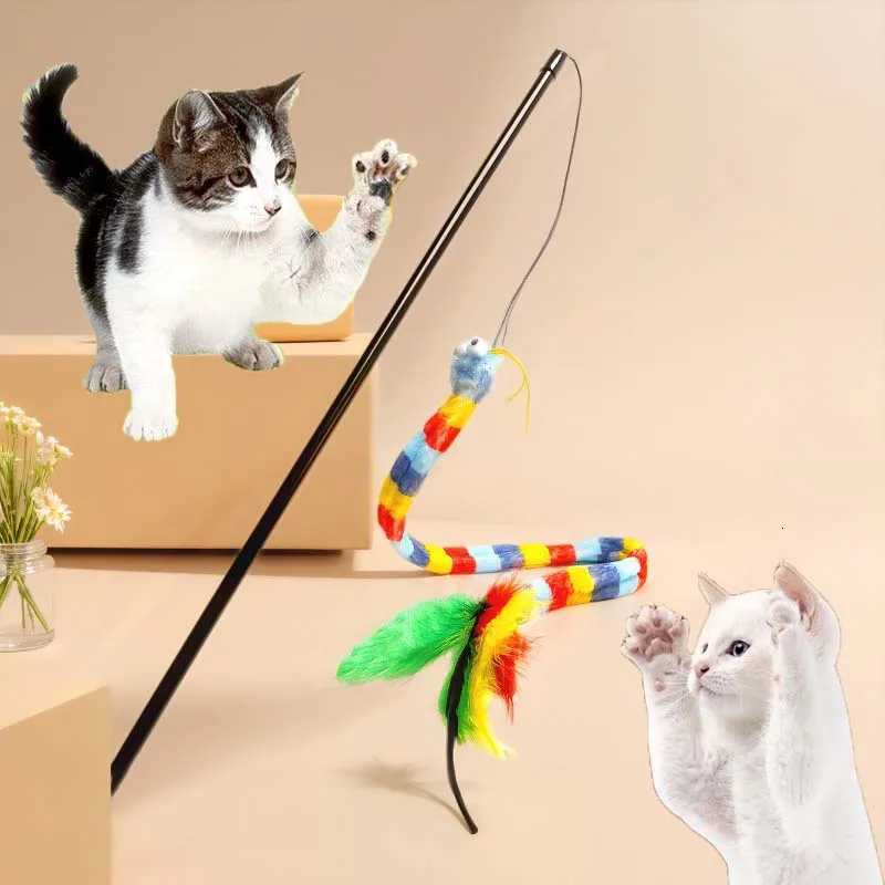 Cat Teaser Toy Colorful Caterpillar Feather Plush Interactive Cat Teaser Stick Durable Bite Self High Teaser Tool Cat Toy M251209