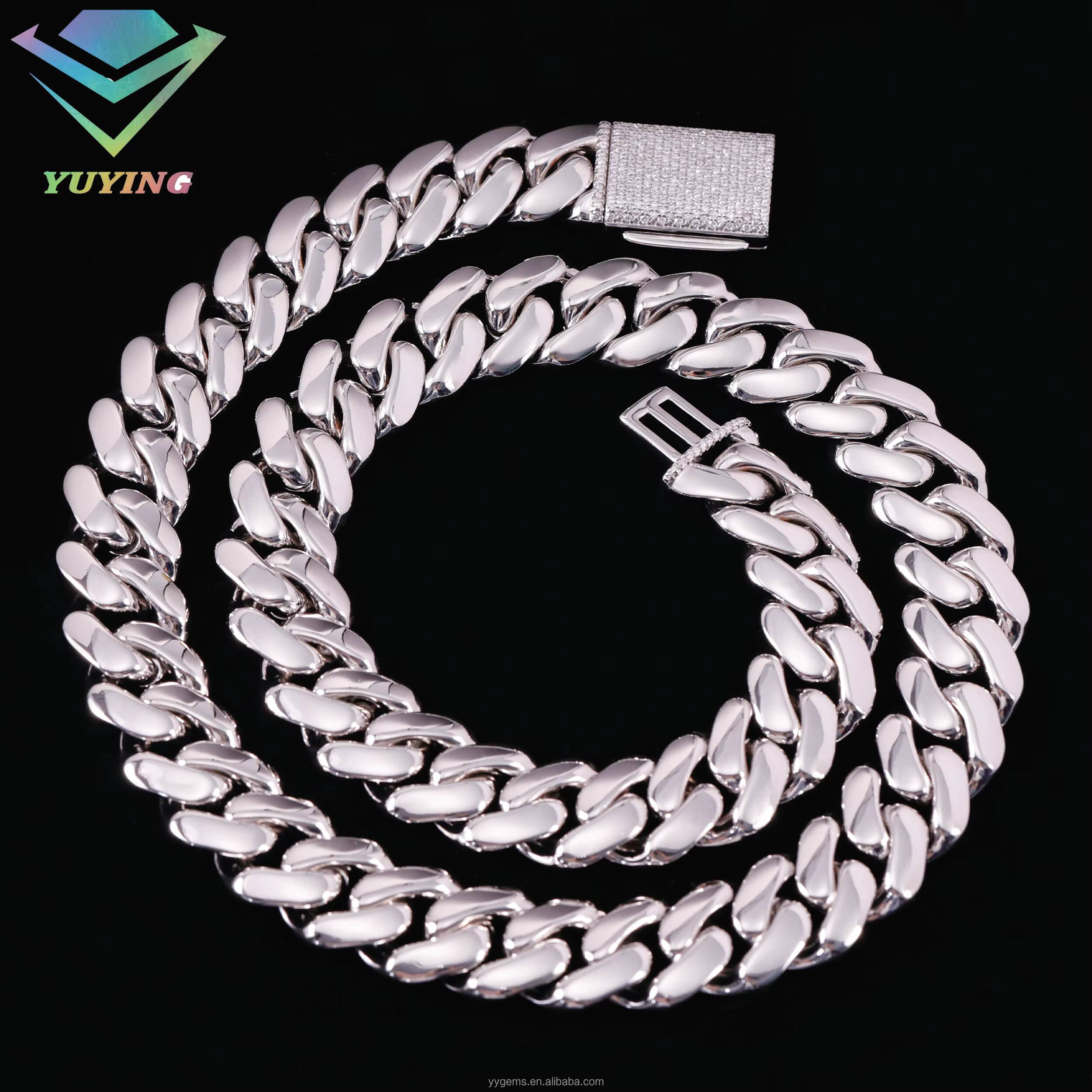 High Polished White Gold Plated 16MM 18MM Miami Cuban Link Chain Solid Silver Men Chain Moissanite Lock Cuban Chain Necklace