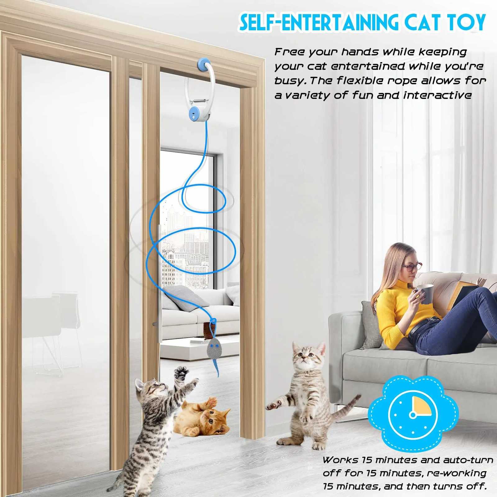 Door Hanging Auto-Rebound Cat Toy Retractable Kitten Teaser with 3 Catnip Mice Interactive Pet Play Toy for Indoor Cats - Whit M251209