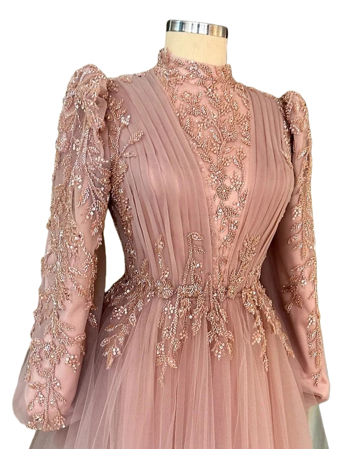 Elegant Muslim Evening Dresses Beaded High Collar Long Sleeves A-Line Pink Tulle Formal Occasion Gowns Pleats Islamic Arabic Prom Dress For Women 2026