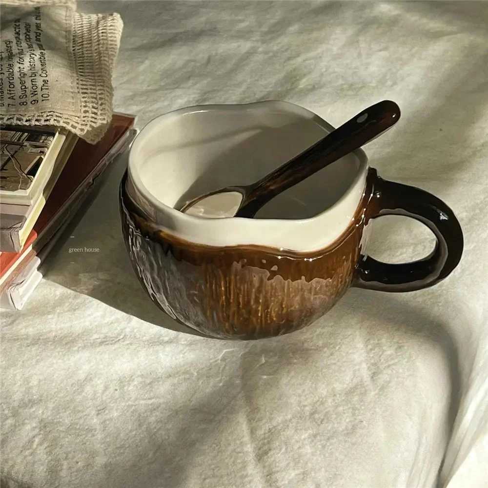 Creative Coconut Shell Shape Ceramic Coffee g Cups with Spoon for Tea Milk Coffee Drink Gift He Off H251209
