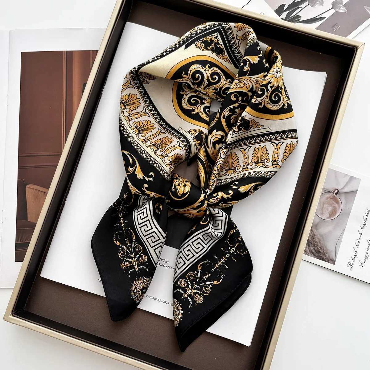 Luxury 70cm Womens Soft Satin Square Scarf Floral Print Wrap Foulard Handkerchief Bandanas Neck Hair Skinny Tie Scarves Shawls Y251208