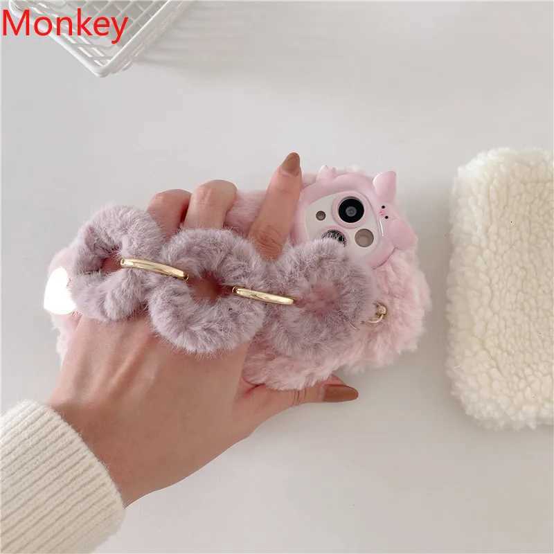 Cute Korean Fur Wrist Chain Silicone Case For iPhone 17 16 Pro Max 15Plus 14 13 12 11 Winter Furry Fluffy Plush Wrist Band Cover C251209