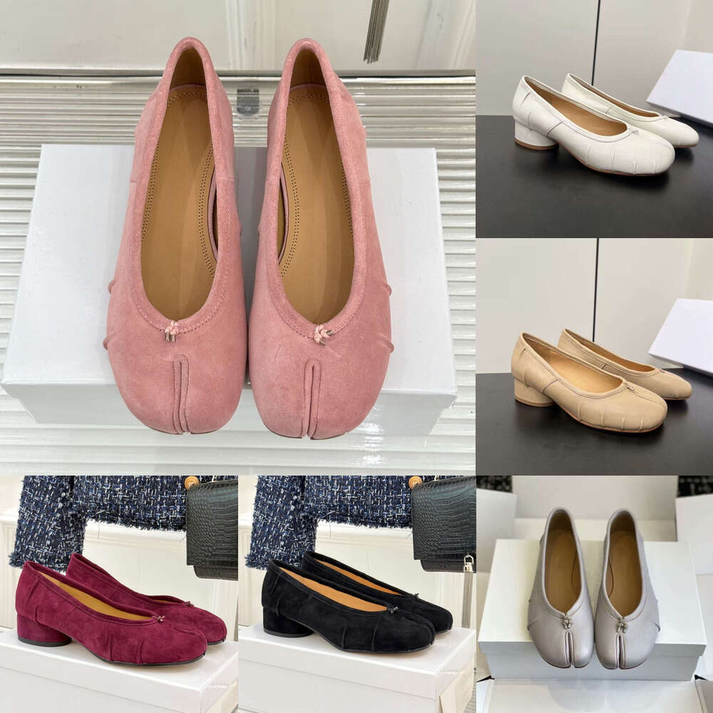 Luxury ballet flat mary jane designer shoe woman Tabi Split toe Pleated suede Pumps Slip on high heel genuine leather Chunky Heel loafers Simple dress office shoes