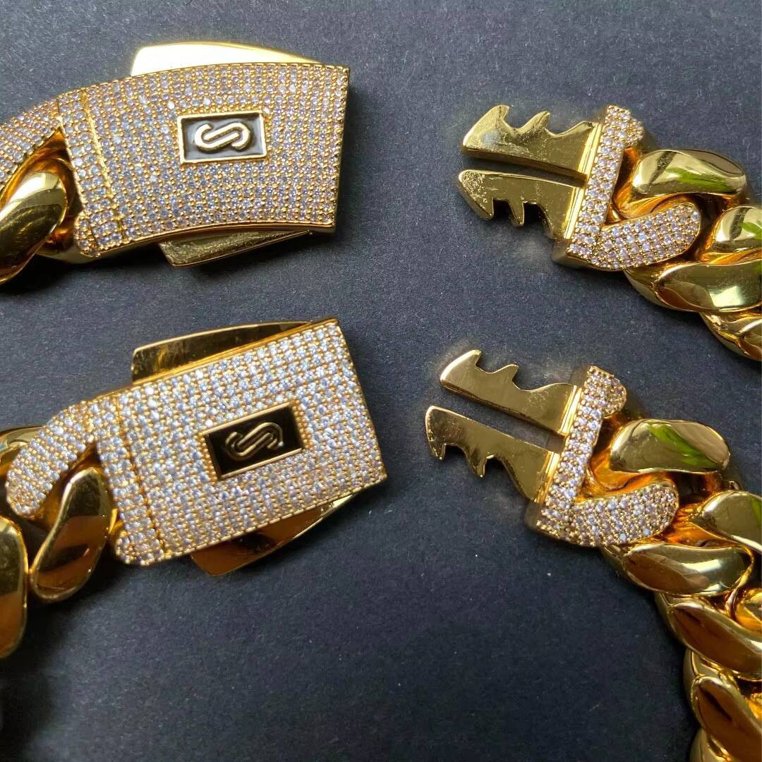 Custom Iced Out Monaco Clasp Cuban Chain OEM Solid Brass 18K Gold Plated Necklace and Bracelet Manufacturer