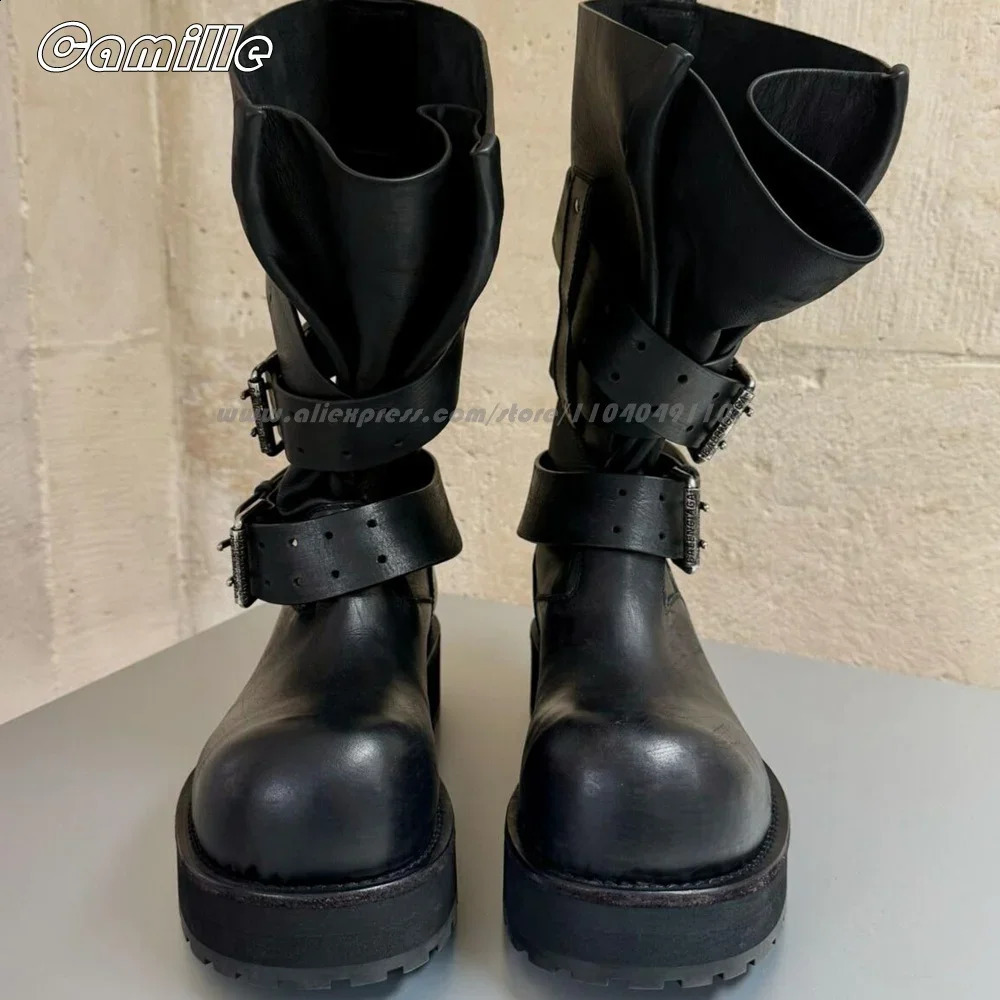 Leather Belt Buckle Strap Knee High Cool Girl Boots Big Toe Thick Sole Motorcycle Boots Round Toe Platform Casual Shoes 251201