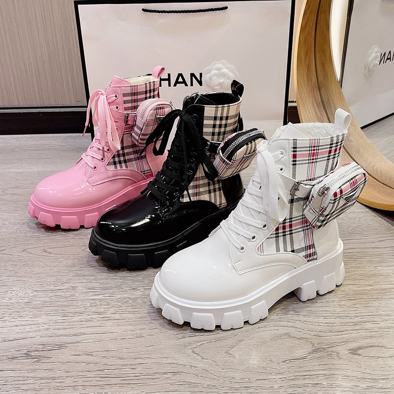 Designer shoes 2025 new classic checkered printed Martin boots thick soled lace up fashion boots for women black white pink