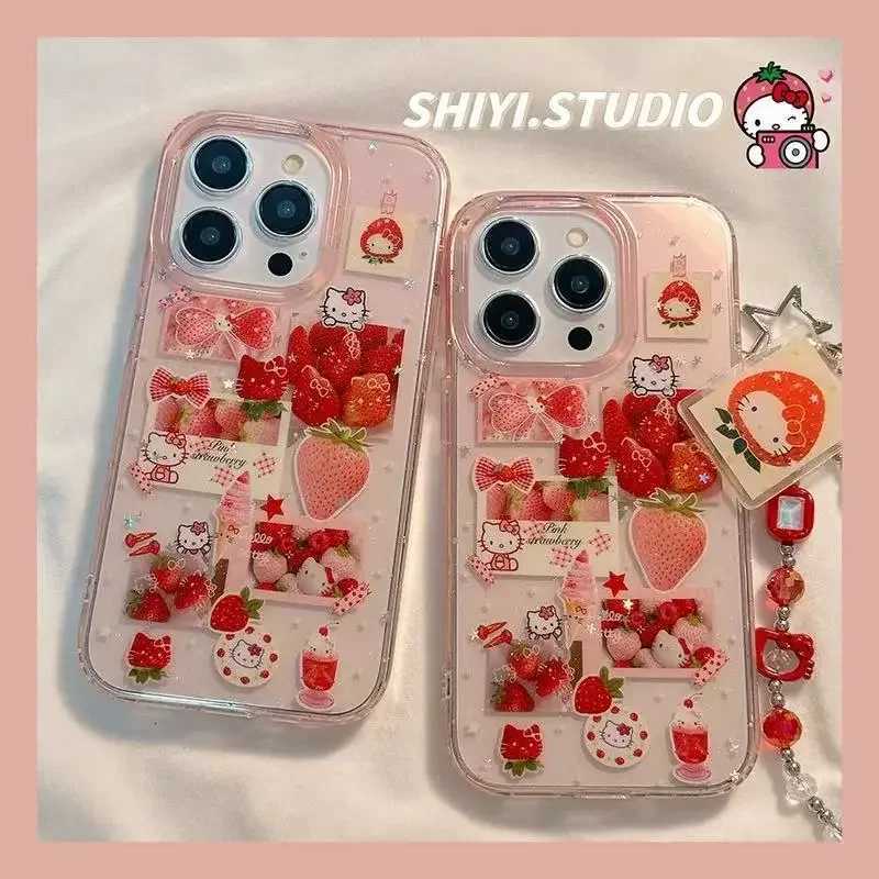 ins Korean Cute Strawberry Sticker Bling Glitter Phone Case For iPhone 16 15 14 13 Pro Max Hard IMD Cover C251209