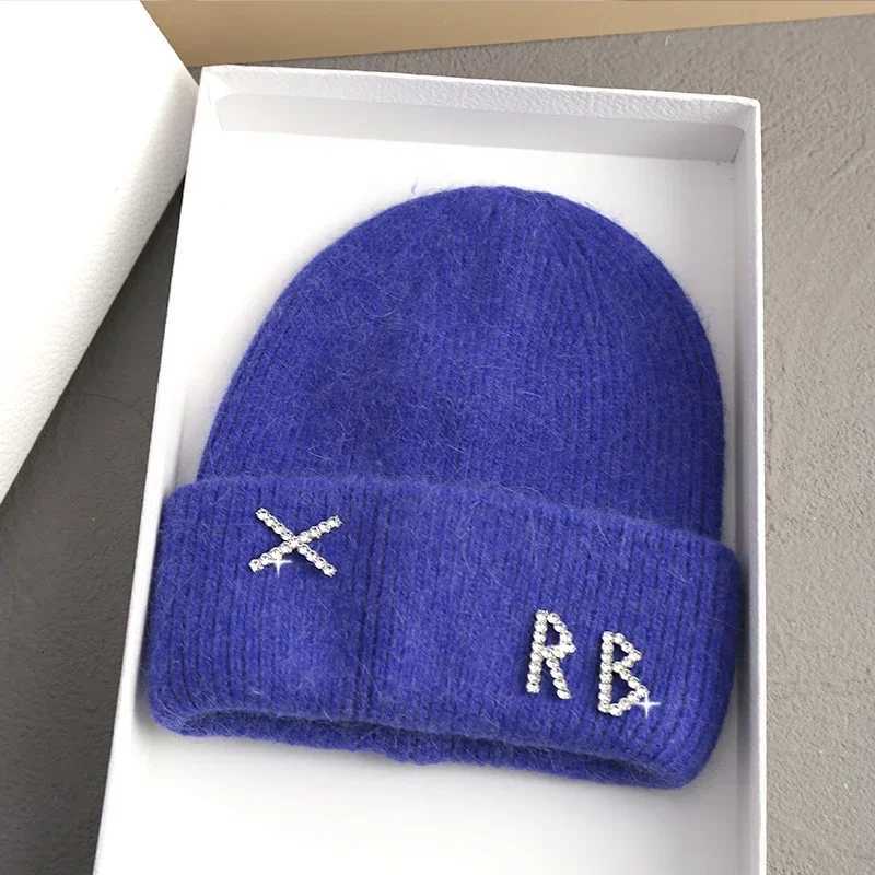 Luxury Winter Warm Rabbit Fur Knitted Hat Diamonds Letter Beanies Hats For Women Famous Brand Lady Casual Bonnet Skiing Cap Y251209