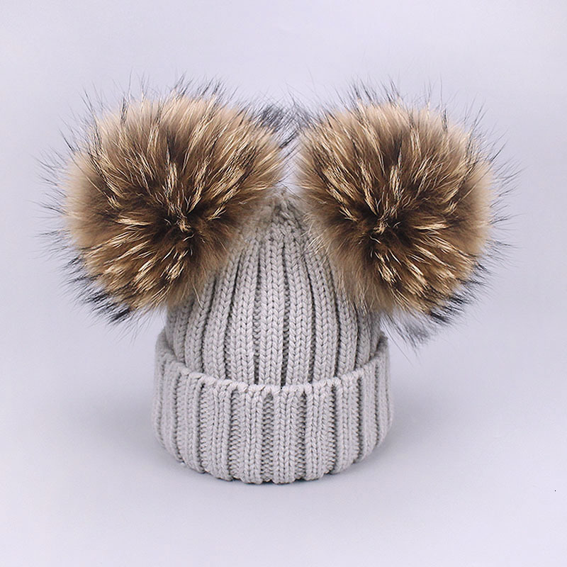 Double Real Fur Pom Hat Women Winter Caps Knitted Wool Hats Skullies Beanies Girls Female Natural Two Fur PomPom Beanie Hat 240717
