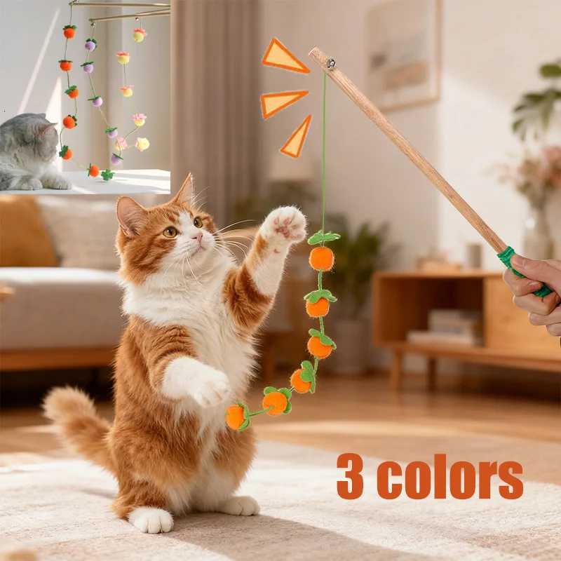 Interactive Cat Toy Funny Colorful Fruit Cats Teaser Stick Feather Toys Kitten Playing Teaser Wand Toy Cat Supplies M251209