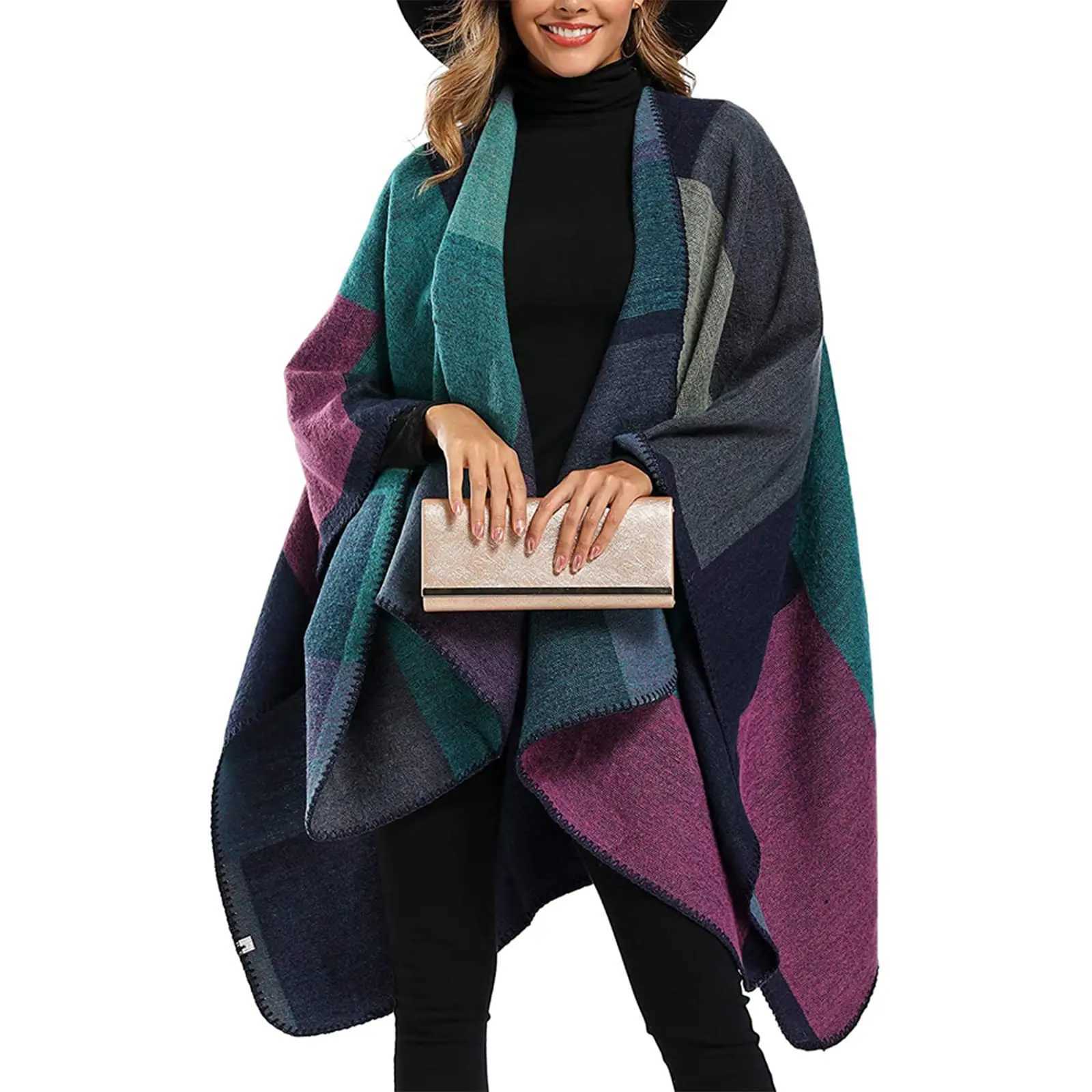 Luxury Thicken Winter Shawl Wraps Cape Women Fall Ponchos Plus Size Block Plaid Open Front Sweater Fleece Scarf Coat Holiday Outfits Y251208