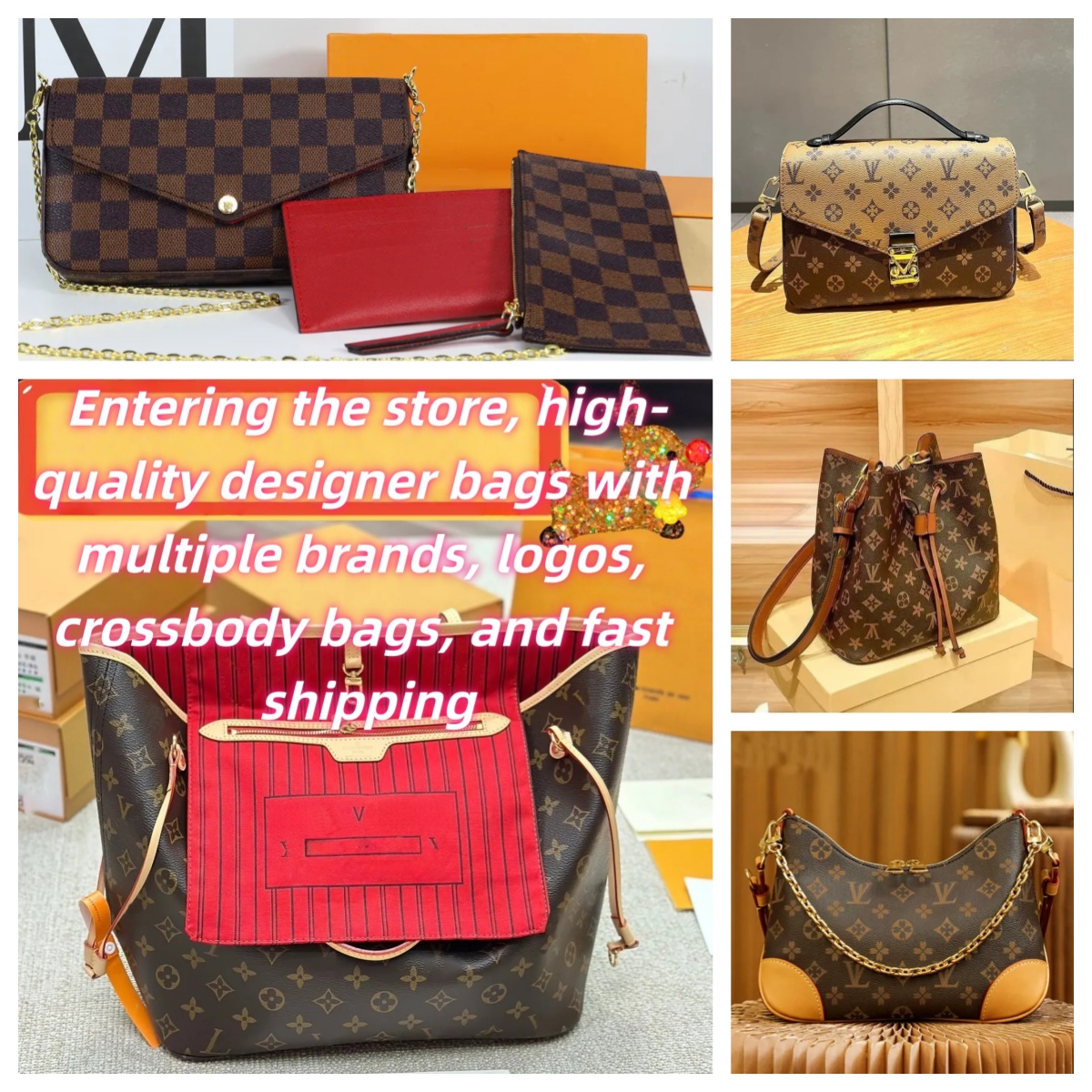 Enter the store to purchase a variety of high-quality designer bags with logos, crossbody bags, and fast shipping