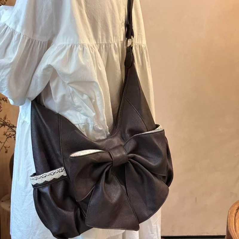 Vintage Casual Fi Chic Bow Shoder Bag Wen Sweet Y2k Ahetic Pleated Handbags Korean Ins Pahwork Lace Crossbody Bags Y251209