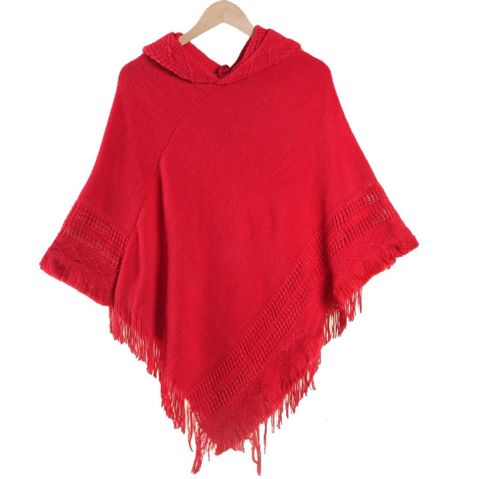 Luxury 1 elegant autumn and winter womens hooded knitted cape shawl loose knitted sweater solid color flowing beard versatile and warm Y251208