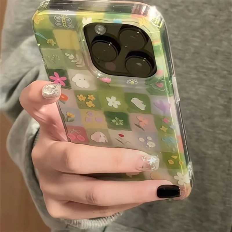 IND green grass grid pattern broken flower rabbit phone case with chain for iPhone 11 12 13 14 15 16 17 Pro Max C251209