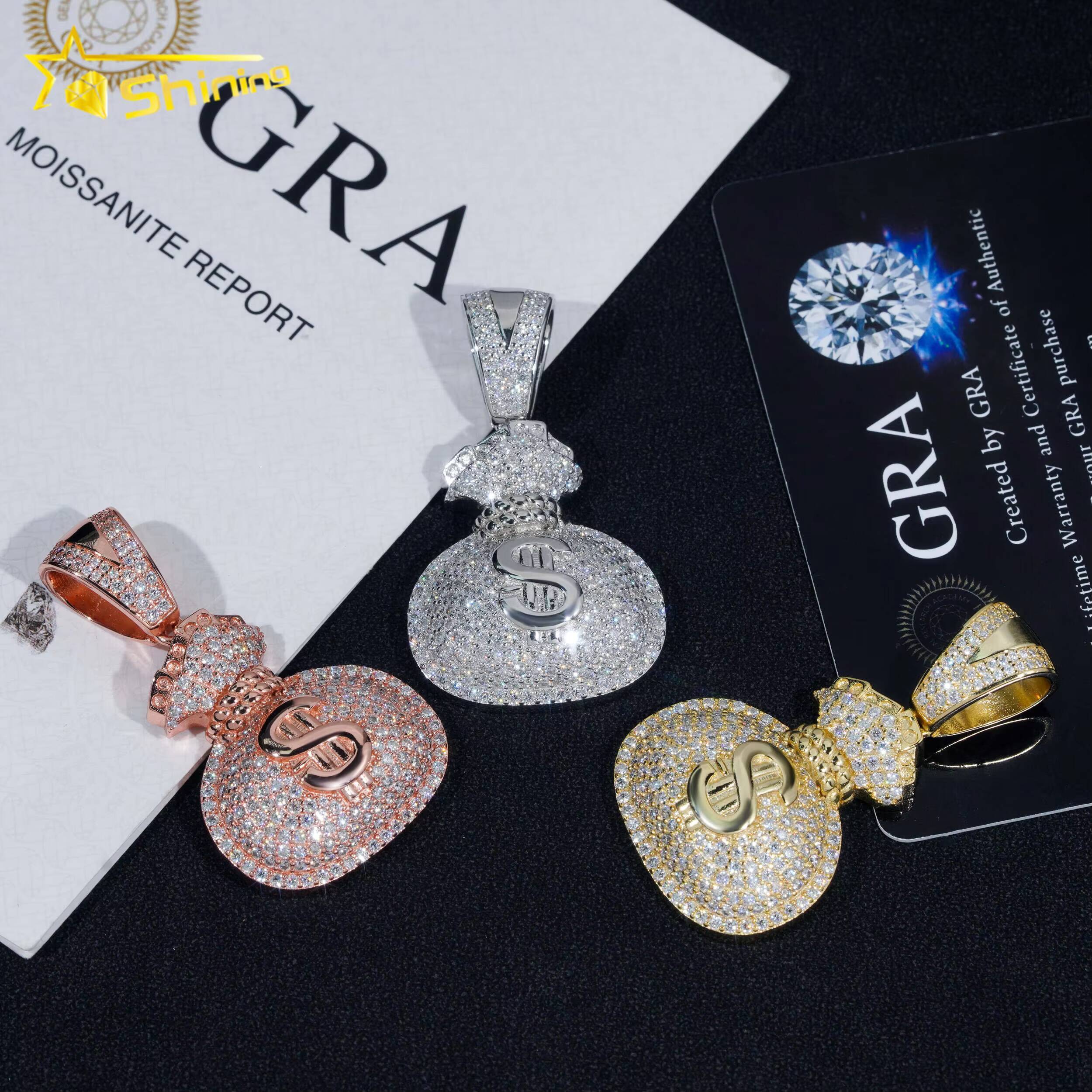 RTS Pass Diamond Tester Fine Jewelry 925 Silver Gold Plated Diamond Iced Out Hip Hop Custom Money Bag Moissanite Pendant